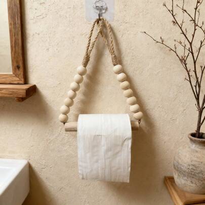 Hole-Free Linen Paper Towel Holder, Handwoven Wooden Ball Storage Towel Rack, Facial Tissue Holder, Creative Hole-Free Toilet Paper Rack, Elegant Decorative Bathroom Paper Towel Holder, Fashionable & Practical Bathroom Accessory