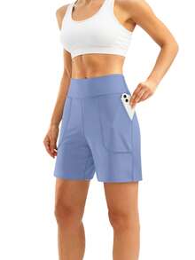 1pc Plus Size Women Sports Shorts, High Waist Elastic Tummy Control Tight Yoga Shorts, Casual Fashion With Pockets For Outdoor Workout & Layering - Baby Blue - View 5