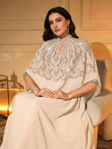 Plus Size Arabic Style Dress, Keyhole Neckline, Batwing Sleeves, Long Woven Fabric With Applique, Beaded Embroidery, Regular Hemline Spring Fall - Apricot - View 6