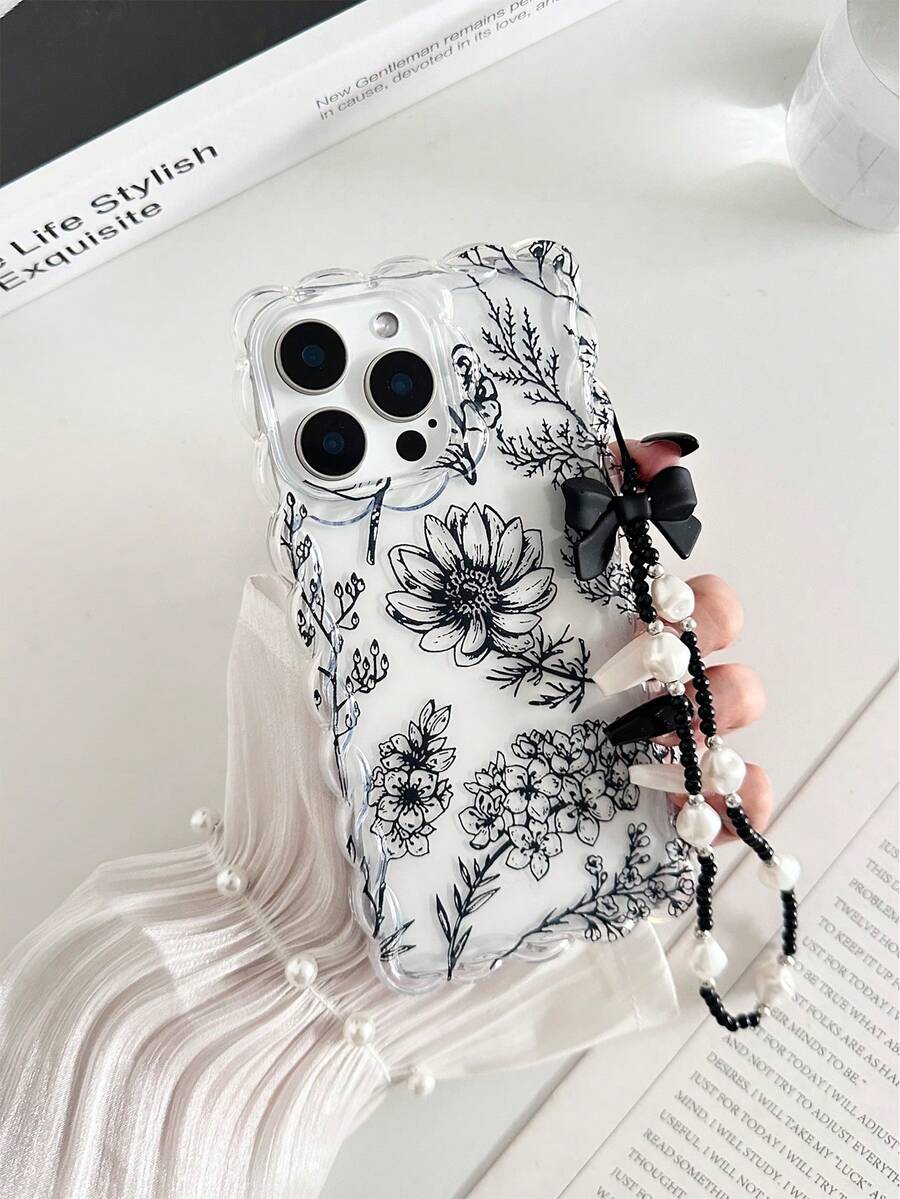 Ốp lưng điện thoại TPU họa tiết hoa đen tối giản, viền sóng, chống sốc, viền họa tiết hoa văn toàn màn hình, kèm vòng tay hạt trang trí, tương thích với iPhone 17pro/17Air/17/17promax 16/11/16pro/16plus/16promax/16e/15Promax/13/14/12/XS/XR/7G/8PXR/7/8, 15Promax, 13, 14, 11, ốp bảo vệ mềm mại. - Nhiều màu - Xem 1