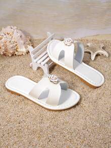 1双女童山茶花珍珠凉拖鞋，适合夏季休闲穿着 - 白色 - 查看 6