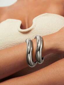 2pcs/Set Minimalist Asymmetric Water Drop Metal Bangle Set, Thick Solid Gold-Tone Alloy Material, For Women - Gold B - View 4