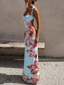 优雅浪漫性感休闲度假约会碎花蕾丝连衣裙，夏季连衣裙，女士优雅连衣裙，休闲长裙，夏季度假装扮，碎花连衣裙 - 藍色 - 查看 5