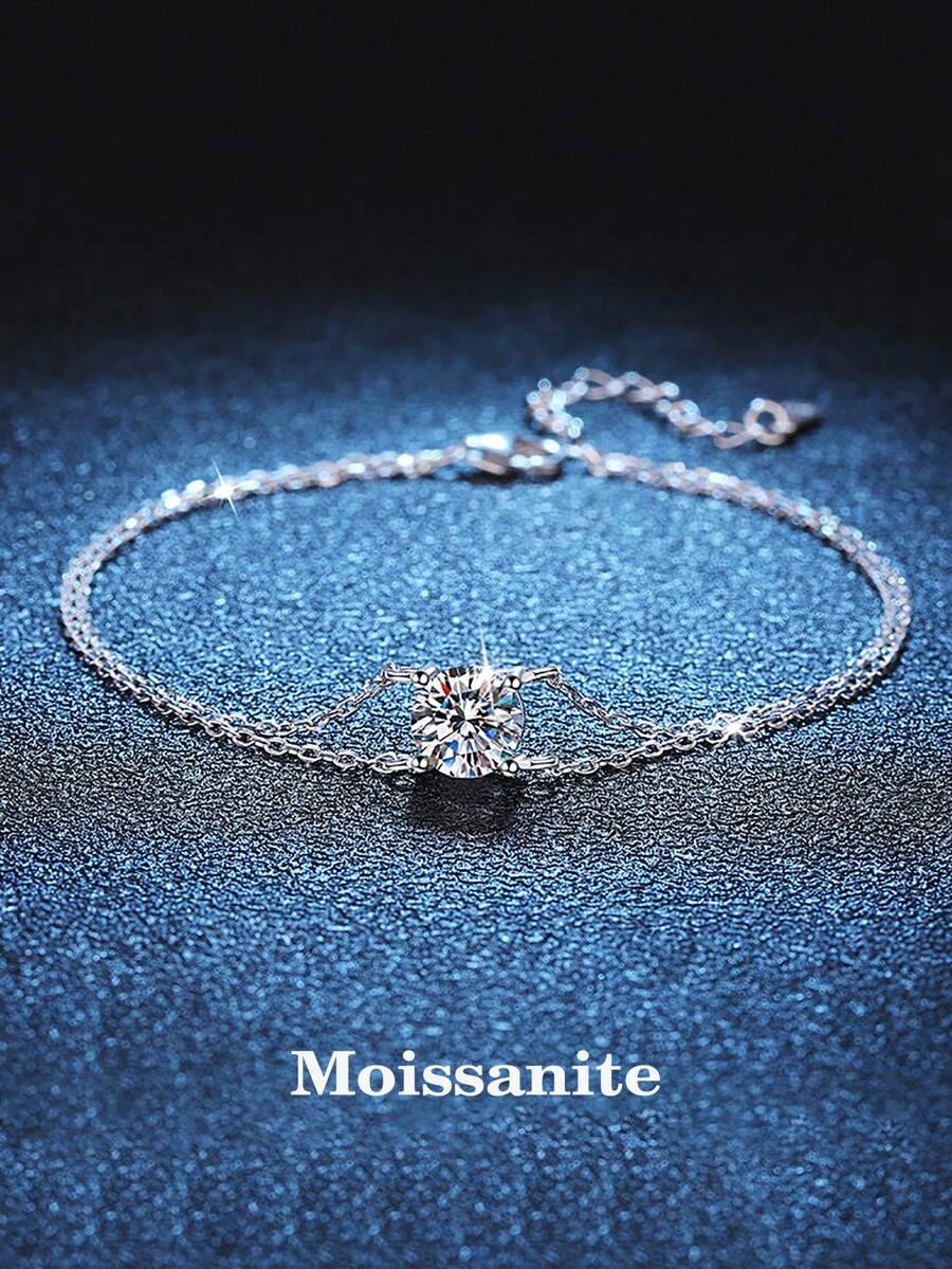 BLOVEMEE 1pc Luxury 925 Silver 1 Carat 6.5mm Moissanite Women's Bracelet, Suitable For Daily Wear, Party, Vacation, Birthday, Valentine's Day, Mother's Day, Christmas, Thanksgiving, Women's Jewelry Gift - Silver - View 1