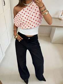 Marisole Women's New Style Sexy Dot Print Off Shoulder Asymmetrical Boat Neck Sleeveless Slim Fit Polka Crop Tank T Shirt, Y2K Streetwear Fashionable Casual Going Out Top, Spring Summer Fall - Multicolor - View 2