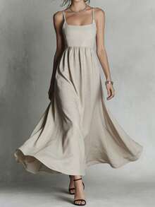 女士极简束腰连衣裙，休闲沙滩日常穿着，方领吊带飘逸长裙，优雅百搭，适合春、夏、秋季穿着。 - 灰色 - 查看 1