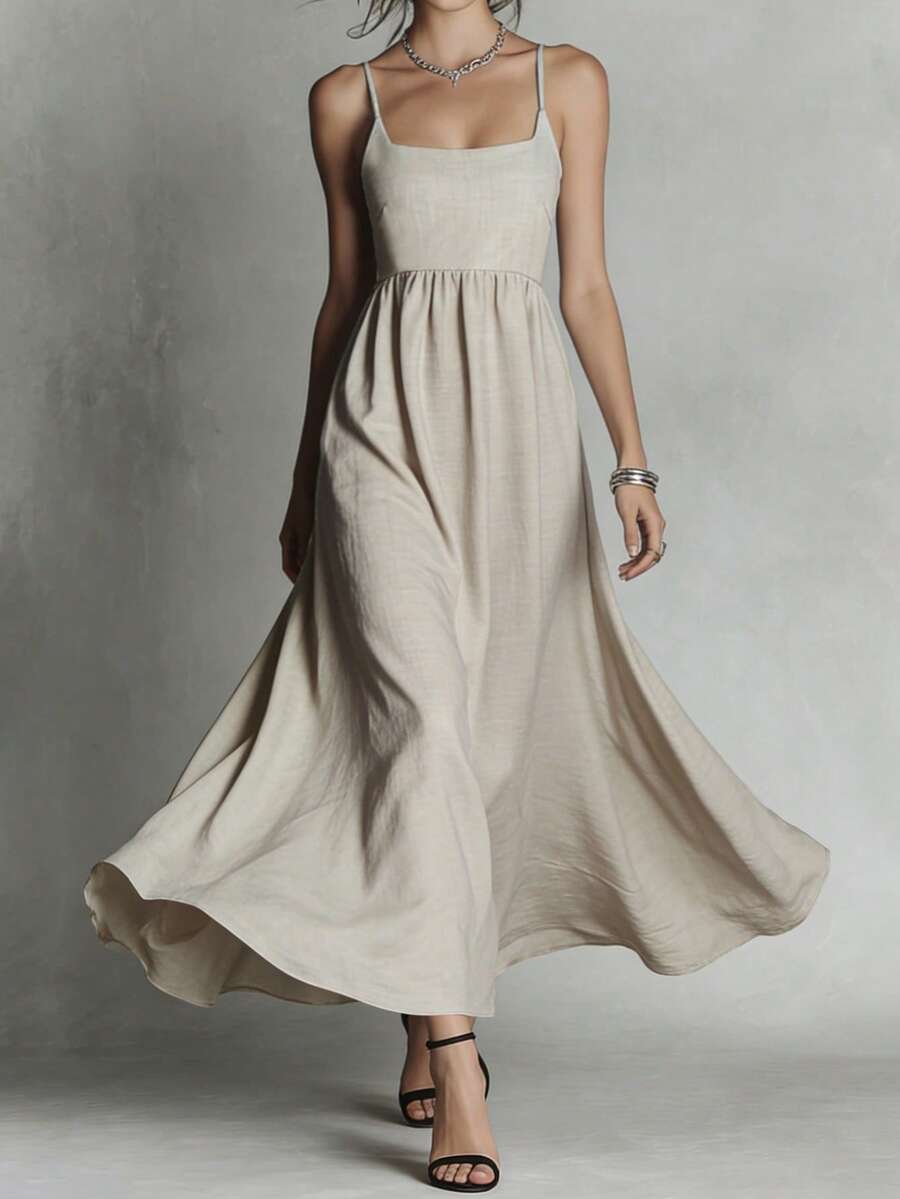 女士极简束腰连衣裙，休闲沙滩日常穿着，方领吊带飘逸长裙，优雅百搭，适合春、夏、秋季穿着。 - 灰色 - 查看 1