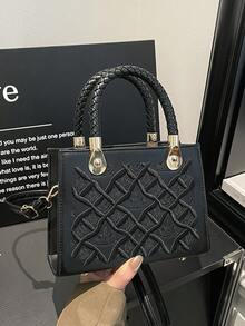 1个女士纯色压纹缝线时尚石纹手提包/单肩包，拉链封口。优雅女士托特包，休闲包，可装钱包、化妆品、手机、零钱包。适合夏季海滩、购物、摄影等场合。也是送给女友或母亲的绝佳礼物。 - 黑色 - 查看 2