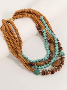Bohemian Style Multi-Layer Beaded Necklace, Malachite Brown Vintage Faux Turquoise Wood Inlay Vacation Style Choker Necklace - Multicolor - View 5