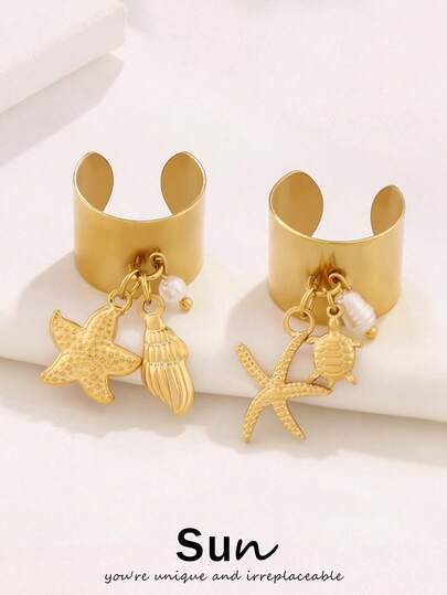 1pc Stainless Steel Starfish Shell Rings For Women Fashion Starfish Finger Open Ring Ocean Vacation Waterproof Jewelry