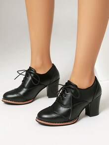 Classic Round Toe Lace-Up Block Heel Pumps, Casual Preppy Style Canvas Brogues, Versatile For Outdoor Wear, Spring Autumn - Black - View 5