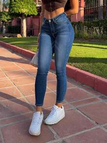 Women's Casual, Vacation Front Pocket, Button Design Skinny Denim Pants For Summer - Dark Wash - View 2