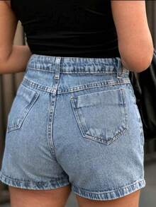 Lavender Blue Denim Shorts With Details, Sizes 34 To 52 Plus Size. - Medium Wash - View 2