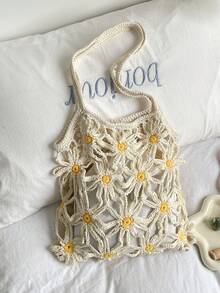 2026 Summer New Beach Vacation Handbag, Women's Fashion Handmade Woven Bag, Daisy Hollow Cotton Rope Shoulder Bag - White - View 4