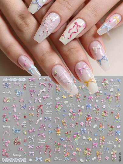 3Pcs 5D Laser Flower & Bowknot Nail Art Stickers Shiny Kawaii Colourful Daisy, Rose, Tulips, Wisteria Flower Wildflowers Bow Self Adhesive Spring Summer Nail Decoration Decals DIY Manicure Accessories