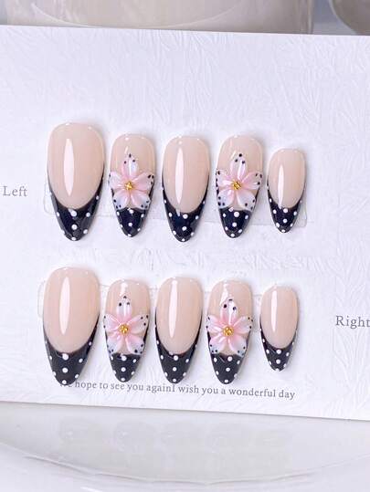 10-Piece Handmade Press-On Nails, Short False Nails, French Tip Design, Almond Shape, Nude Pink Base, Creamy Yellow Nails, Red Polka Dots, White Polka Dot French Tips, Black Bows, 3D Ladybug Decorations, Pink Five-Petal Flowers, Cute Style, Hand-Painted 3D Five-Petal Flowers, Adorned With Red Steel Beads, Including Manicure Tools, Easy To Apply & Remove, Premium Almond-Shaped Fake Nails For Women & Girls