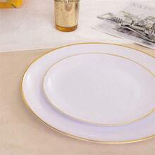 1pc White Base Gold Rimmed Round Cake/Dessert Plate Set, Includes (7.5"/10.25" Side Plate) And Premium Fruit Salad Bowl, Reusable And Easy To Clean. Ideal For Weddings, Valentine's Day, Birthdays And Holiday Gatherings - White Background - View 5