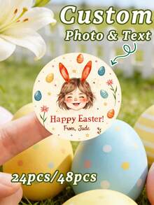 48/24 Pcs Customized Round Easter Stickers, Can Personalize With Name And Photo, Easter Decoration Labels, PVC Material Easter Gift Box Stickers, Create Warm Atmosphere, Home & Living Products, Customized Stickers - Apricot - View 1