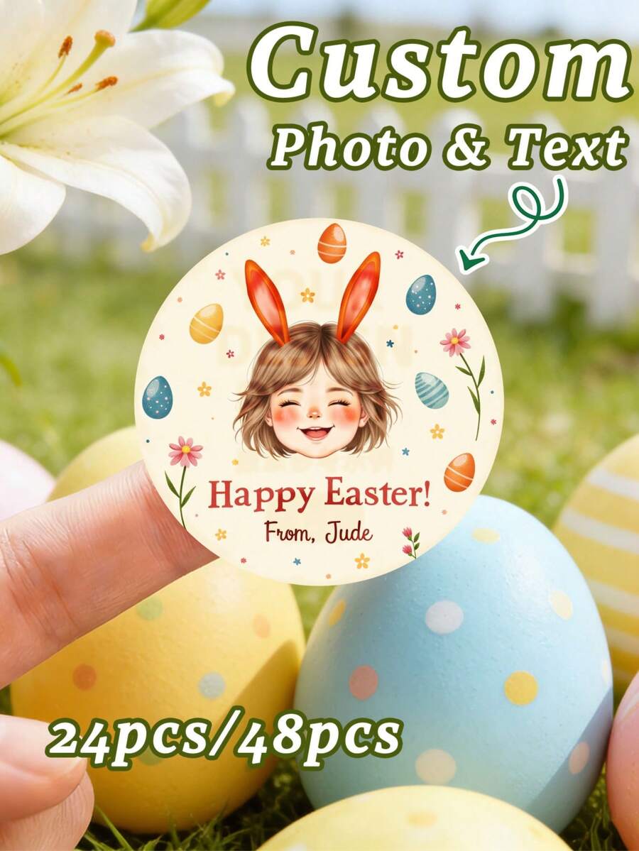 48/24 Pcs Customized Round Easter Stickers, Can Personalize With Name And Photo, Easter Decoration Labels, PVC Material Easter Gift Box Stickers, Create Warm Atmosphere, Home & Living Products, Customized Stickers - Apricot - View 1