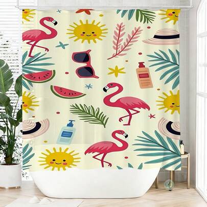 1件卡通火烈鸟浴帘，涤纶材质，防水，不遮光，适合家居和浴室装饰，配有12个挂钩