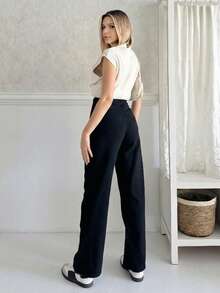 Women's High Waist Wide Leg Linen Pants, Solid Color With Pockets, Zipper And Button Closure, Casual Wear - Black - View 4