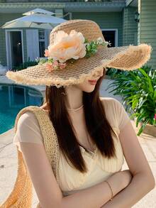 1pc Women's Straw Hat, Bohemian French Floral Large Brim Beach Vacation Sun Hat, Suitable For Daily Outdoor Use,Summer,Holiday,Travel - Multicolor - View 2