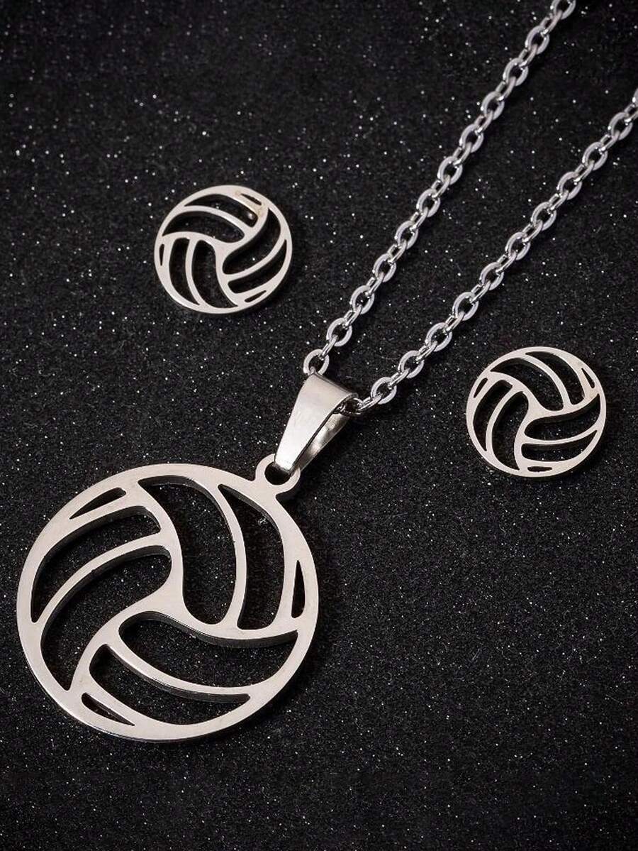 1件不锈钢镂空排球吊坠项链，时尚设计 - 銀色 - 查看 1