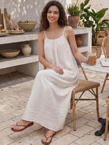 女士夏季无袖露背系带宽松优雅连衣裙，带口袋，舒适休闲度假连衣裙 - 米色 - 查看 5