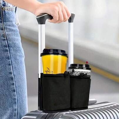 Black Nylon Luggage Cup Holder Accessory - Handheld Beverage Rack, Suitable For Suitcases, Frees Up Hands Travel Accessory With Elastic Phone Pouch, Ideal Gift For Flight Attendants, Business Travelers And Tourists, Essential For Summer Travel