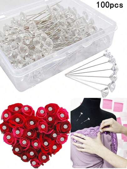 100 chiếc/hộp Ghim cài trang trí đính đá pha lê, Ghim định vị kim cương trong suốt, Dùng cho Ngày Valentine, Đám cưới, Bó hoa, Phụ kiện tóc cô dâu, Trang sức, Đồ thủ công may vá DIY.