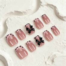 10 PCS Short Rectangular Hand-Painted Nail Stickers - Elegant Nude Pink Leopard-Patterned Hand-Painted Nails, Adorned With Black Bows - Shiny Medium-Length Artificial Nails - Reusable Acrylic Nails Suitable For Work, Weddings And Special Occasions - Black - View 10