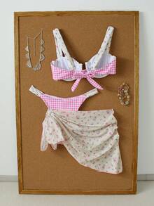 Bikini a cuadros rosa fresco para damas, estilo de chica sexy, conjunto de traje de baño de tres piezas para vacaciones en la playa, verano primavera 2026 - Multicolor - Ver 3
