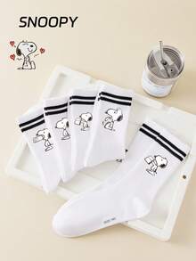 1/5 Pasang Kaos Kaki Pria Setinggi Betis Motif SNOOPY Asli, Kaos Kaki Olahraga Garis Ganda, Desain Kartun Lucu, Kaos Kaki Pria SNOOPY Unik - MultiWarna - View 8