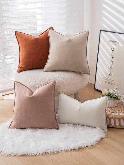 1pc Ivory Chenille Herringbone Wide Rim Throw Pillow Cover, Bohemian Style, Soft & Thick Square Cushion Case, Suitable For Sofa, Living Room, Bedroom, All Seasons
