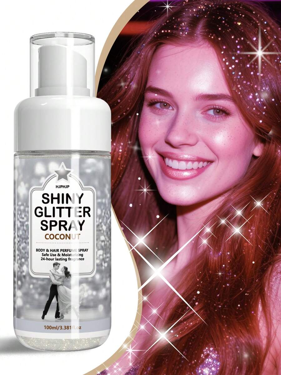 HJPHJP 银色闪亮亮片喷雾，身体亮片喷雾，头发亮片喷雾，植物成分，24小时柔和椰香，速干，闪耀肌肤，闪亮亮片香氛喷雾 - 音乐节/婚礼妆容的完美之选，馈赠佳品，100毫升 - 椰子 - 查看 1