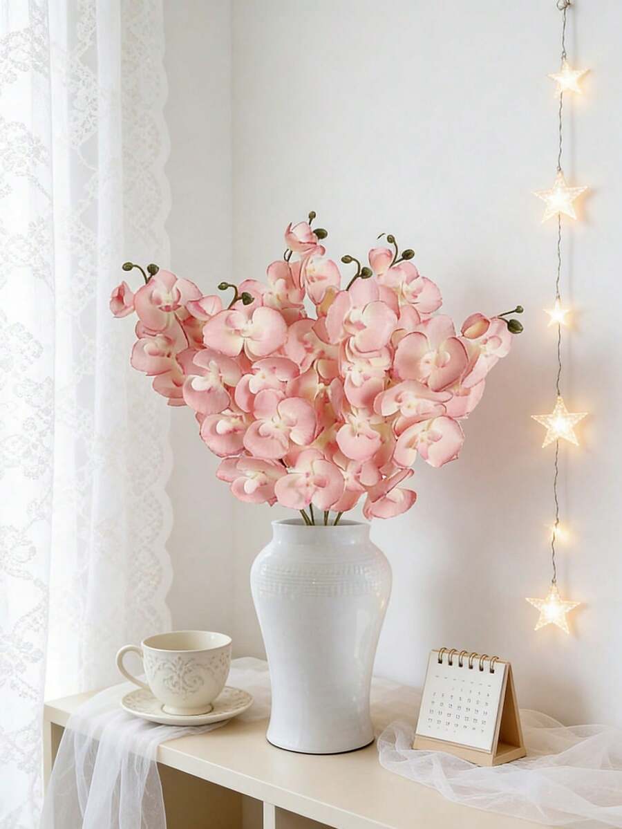 6支2.23英尺（约68厘米）长的仿真粉色蝴蝶兰，8个花头，丝绸材质，适用于客厅、家居花园、婚礼、浪漫派对装饰、DIY月亮花环、情人节、母亲节、生日礼物、春节、送给女友或女性的礼物 - 粉色 - 查看 1