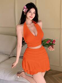 abyoxi Orange Sexy Deep V-Neck Side Ruched Backless Camisole + Ruffle Hem Mini Skirt 2-Piece Set, Elegant Casual Suitable For Young Girls, Spring/Summer Outfit - Orange - View 4