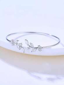 Cubic Zirconia Leaf Decor Cuff Bracelet LO6N - Bạc - Xem 1