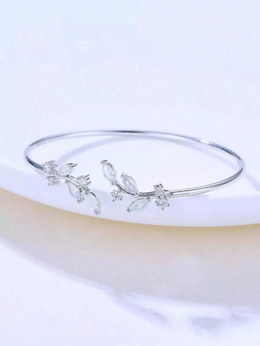 Cubic Zirconia Leaf Decor Cuff Bracelet LO6N - Bạc - Xem 1