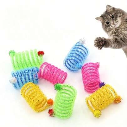 4pcs Spring Cat Toys - Striped Plastic & Metal Retractable Interactive Tunnel Toys, Suitable For Kittens, Small Pets & Dogs, No Battery Required, Vibrant Colors, Promote Exercise & Mental Stimulation, Essential For Pet Play | Interesting Pet Design, Cat Toys