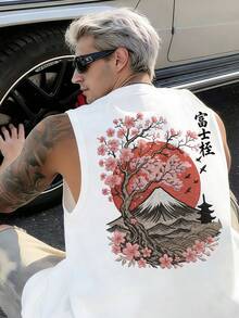 Fractyr 男士时尚休闲度假街头风背心 | 简约山水/樱花山峦印花 | 精致设计 | 夏季必备 | 百搭易穿，棉质触感 | 送朋友的最佳礼物 | 展现你的独特个性 - 白色 - 查看 4