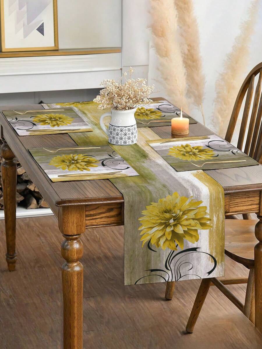 1/4/5/6/7pcs Vintage Style Floral Design Decoration Set, Living Room/Bedroom/Dining Room Decor, Linen-Like Material, Multi-Size Options, Dining Table Decor, Fireplace Mantel Scarf, Placemats, Coasters, Home Decor - Yellow - View 1