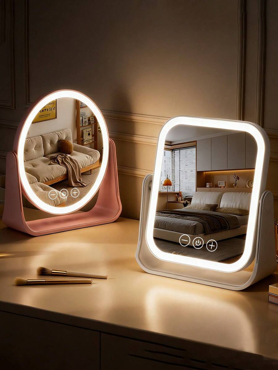 Portable LED Makeup Mirror, Touch Control Dimming Mode, 360° Rotatable Stand, Reversible Installation, Type-C Charging Port, Convenient For Travel And Desktop Use, 3-Color Adjustable Lighting System, Anti-Glare Glass Mirror