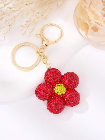 水钻花朵钥匙扣，闪亮花卉包包挂饰，时尚钥匙配件