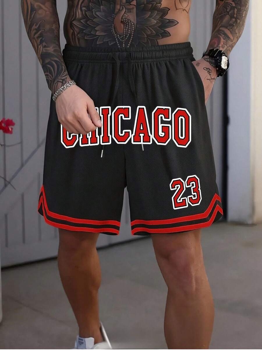 男士休闲运动短裤，运动短裤，篮球短裤，男友风印花短裤，男士健身服，抽绳腰带，弹力轻便运动裤，适合篮球、棒球、健身、跑步、训练、运动、户外活动，父亲节礼物，黑色夏季款 - 黑色 - 查看 1