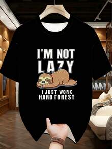 Plus Size Men's Pajama Set | Round Neck Short Sleeve Top And Elastic Waist Casual Shorts, 2 Pieces Set | Polyester Knit Fabric, Skin-Friendly Breathable Loose Fit | Cute Cartoon Sloth Print Casual Design - Black - View 2