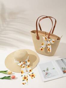 1 Straw Hat + 1 Bag, Vacation Beach Set - Beige Yellow Ribbon - View 2