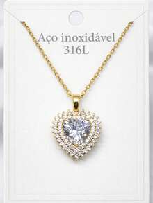 Women's Gold Or Silver Necklace With A Heart-Shaped Pendant Set With A Cubic Zirconia In Genuine 316L Stainless Steel. - 金色 - 查看 3