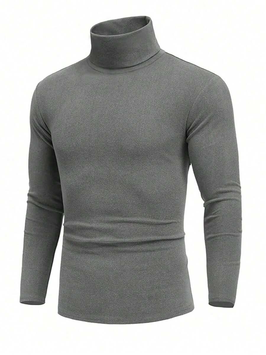 Áo thun nam cổ lọ tay dài lót nỉ giữ nhiệt màu trơn, thoải mái và ấm áp cho mùa thu/đông - Xám - Xem 1
