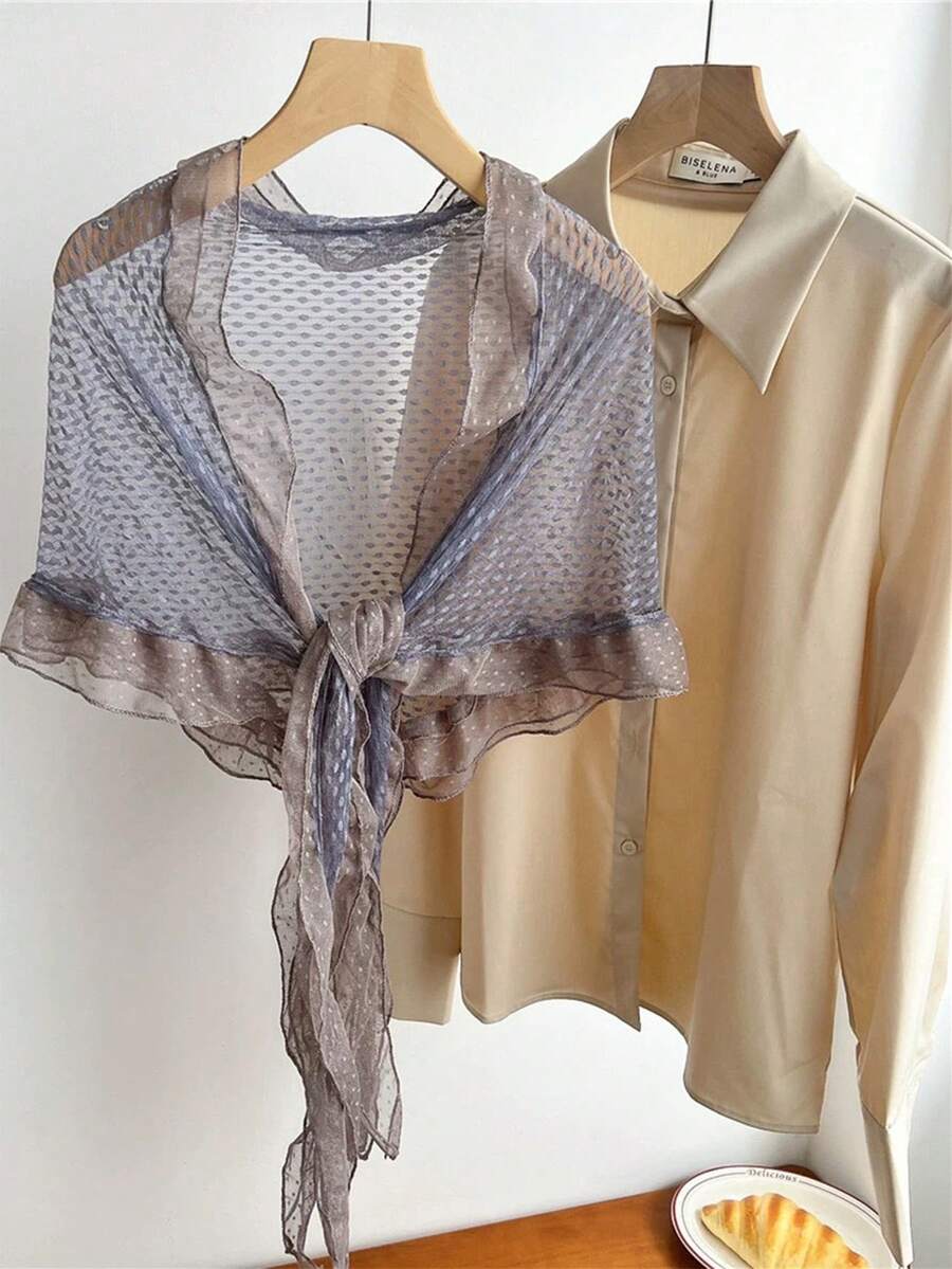 1pc Grayish Blue Lace Trim Vintage Style Decorative Scarf, Asymmetrical Long Shape, Suitable For Spring, Summer And Autumn - Gray Blue - View 1